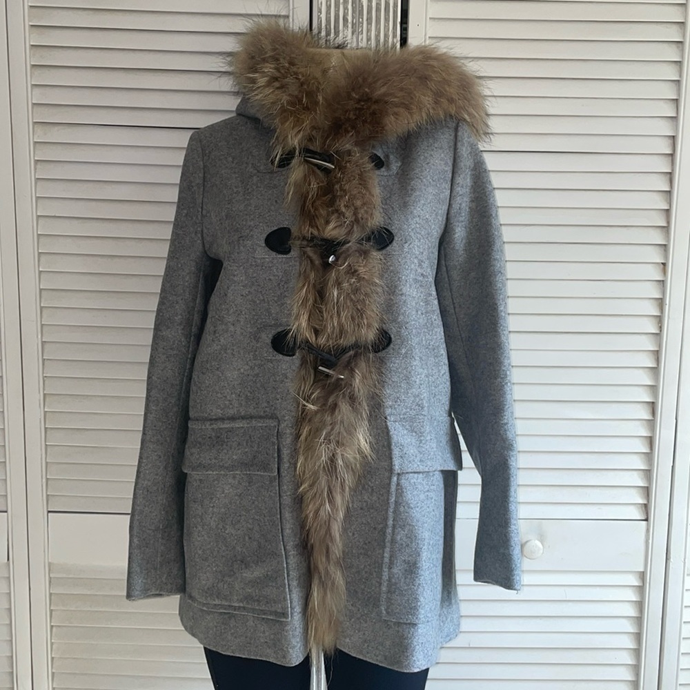 Maje- Grey Parka Coat with Fur Trim size 38= US 6 - Picture 1 of 8